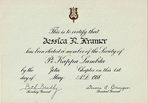 Pi Kappa Lambda certificate