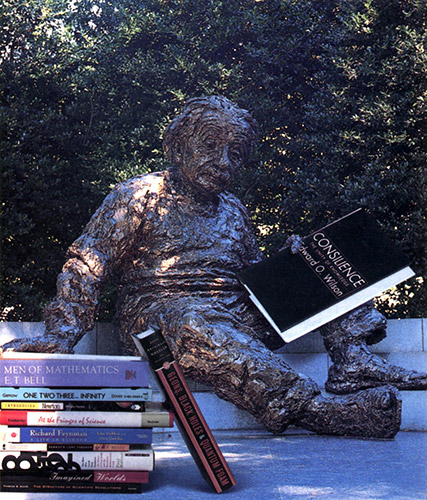Einstein sculpture with books