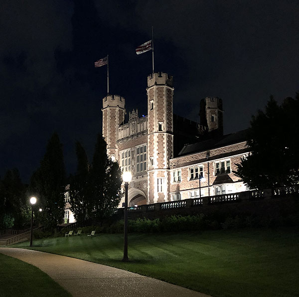 Brookings and flag at night