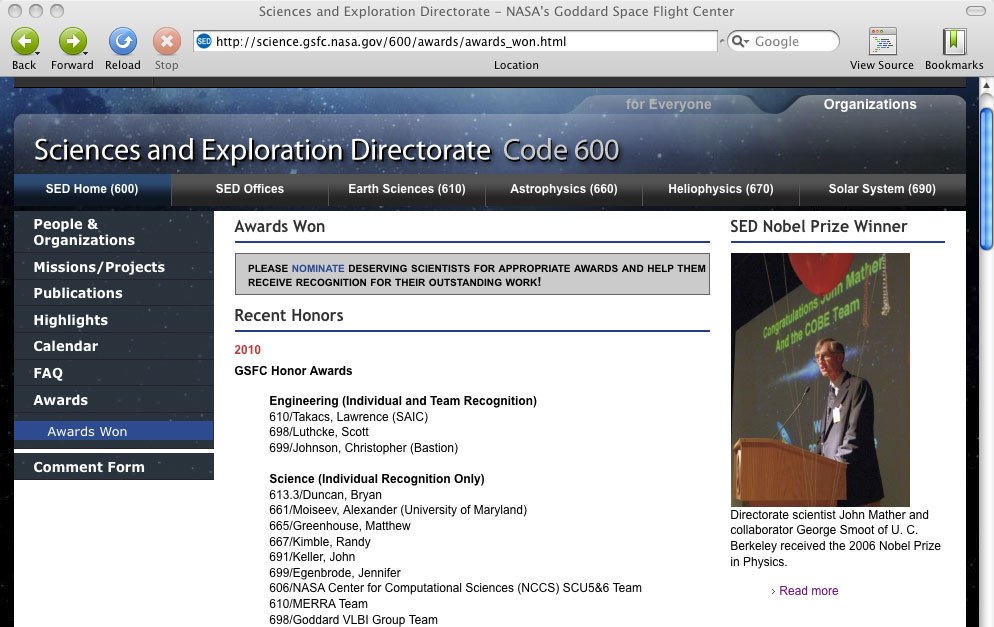 NASA web site:Sciences Directorate awards top