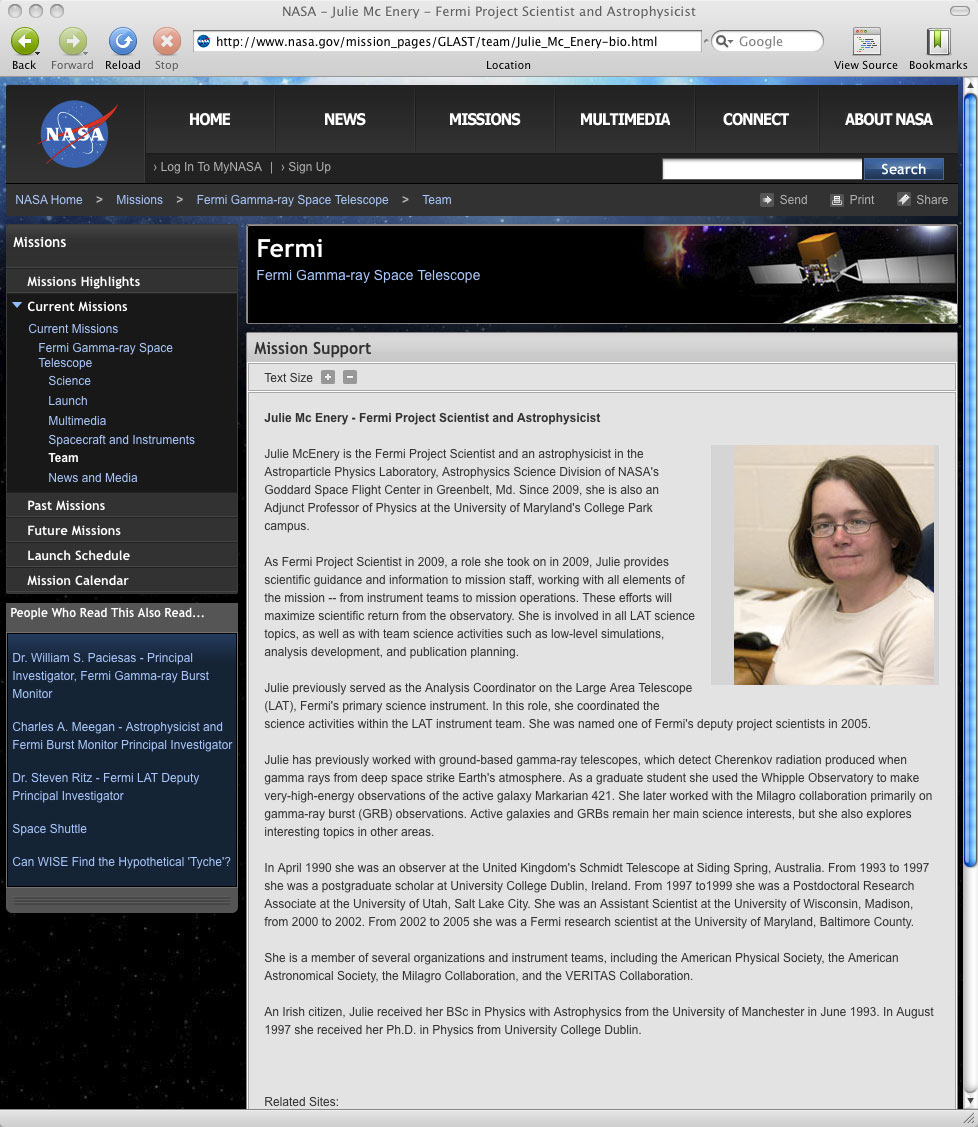 NASA web site: Julie McEnery