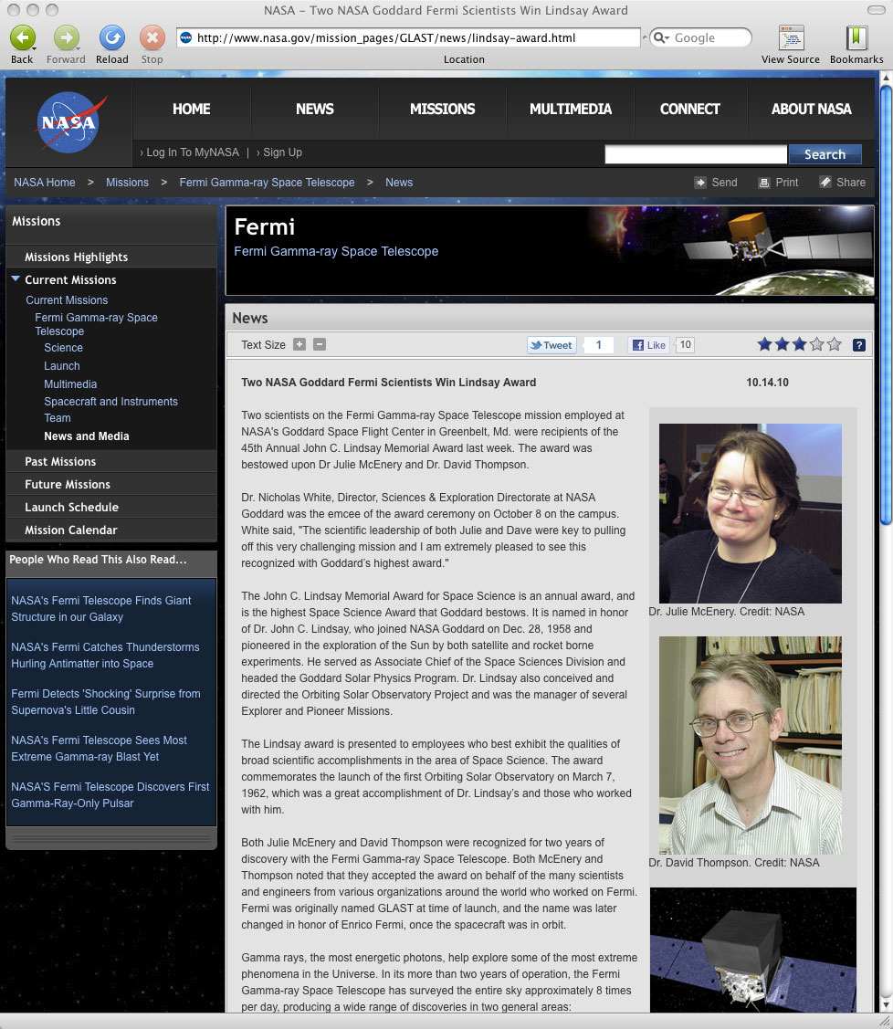 NASA web site: Lindsay Award